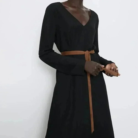 ZARA Black + Brown Belted Midi Long-Sleeve Dress - Picture 1 of 10